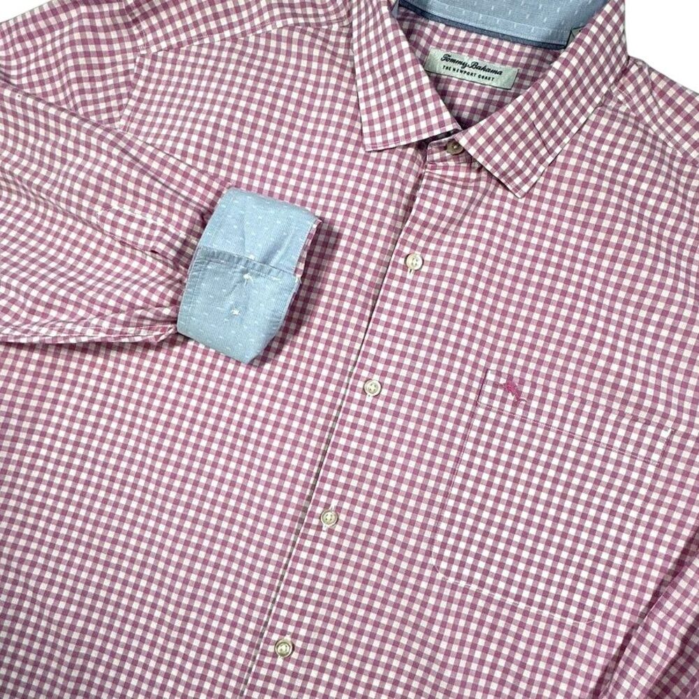 Tommy Bahama The Newport Coast Shirt Men's XL Pink Gingham Blue Flip Cuff